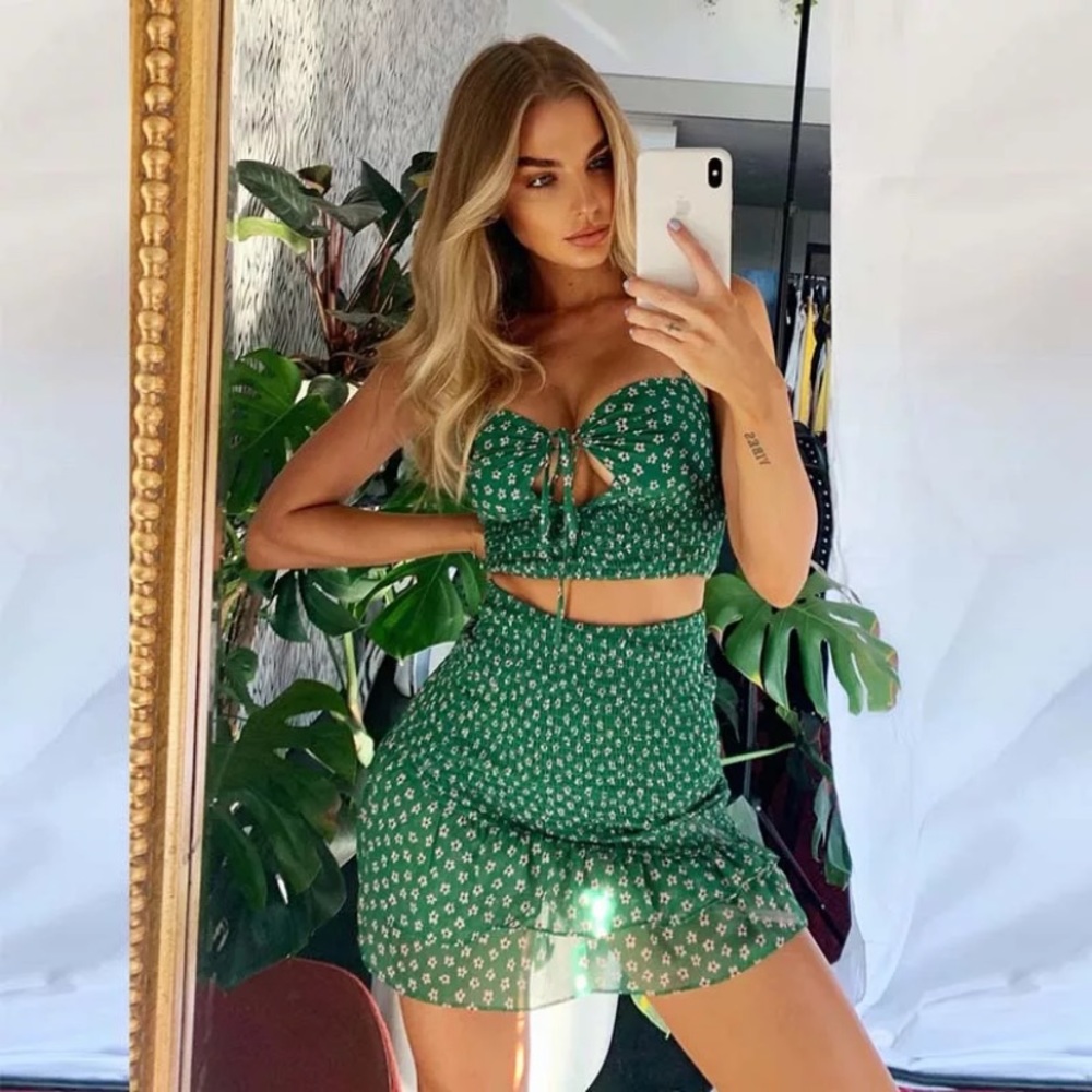 Green Floral Backless Bodycon Matching Set